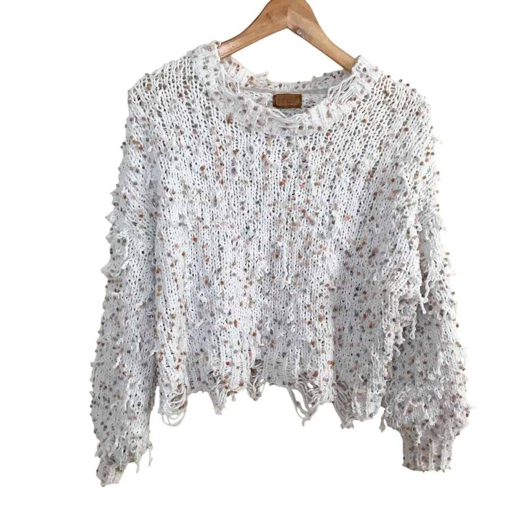 POL Distressed Popcorn Knit Fringe Sweater OSFM Cream Beige Boho Lagenlook Cozy